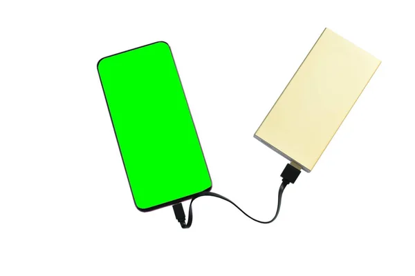 Telefono Cellulare Verde Accoltellamento Banca Potere Batteria Ricaricabile Sfondo Bianco — Foto Stock