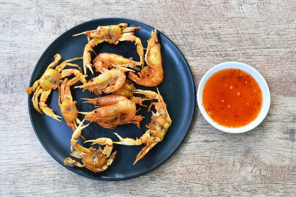 Deep fried little swimming crab and shrimp with flour on plate dipping sweet sauce — Stock Photo, Image