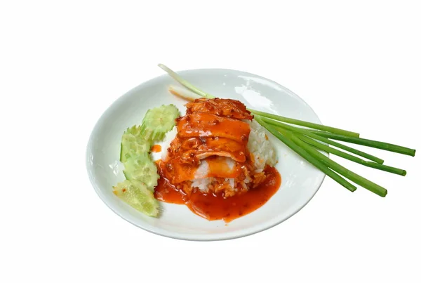 Garniture Tranches Porc Rôti Sur Vinaigrette Riz Ordinaire Sauce Sauce — Photo