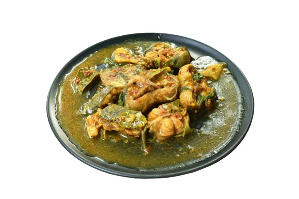Spicy Stir Fried Catfish Curry Herb Plate — Stock Photo, Image