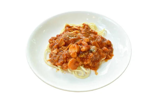 Stekt Spaghetti Toppning Skiva Korv Med Kotlett Fläsk Och Ketchup — Stockfoto