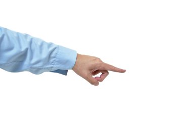 Beyaz arkaplanda komut emri için insan eli mavi iş gömleği işaret parmağı