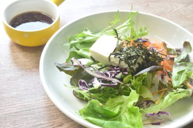 Japon usulü kızarmış susam soslu sebze soslu beyaz tofu tabakta salata.