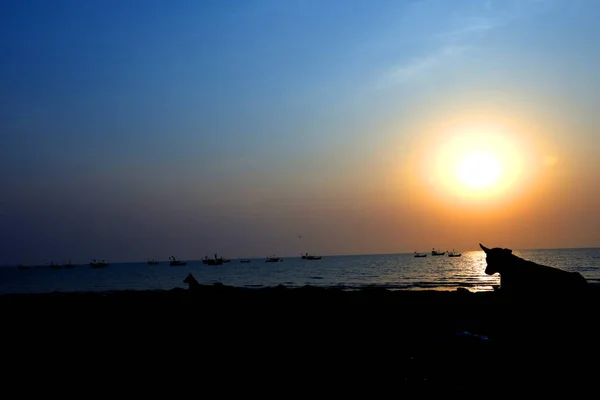 Der Sonnenuntergang Einem Schönen Strand Voller Menschen — Stockfoto