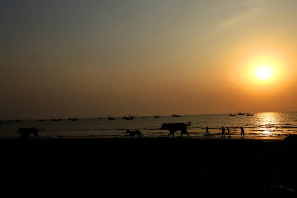 Der Sonnenuntergang Einem Schönen Strand Voller Menschen — Stockfoto
