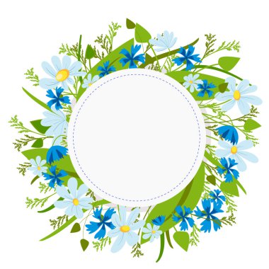 Çiçekli tebrik kartı ve çimenli papatyalarla birlikte. Merkezde boş bir alan var.