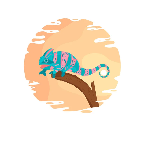 Camaleón colorido sentado en una rama con la boca abierta — Vector de stock