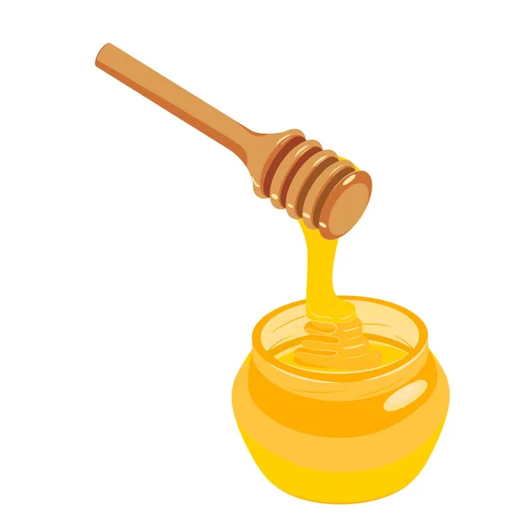 Tarro de vidrio de miel con una cuchara de madera. con la que gotea miel — Vector de stock