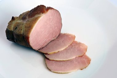 jambon, dumanlı, dilimlenmiş, yarım, parça, soğuk et, yağlı, dilimlenmiş, ev yapımı, geleneksel, ev yapımı, domuz, arka plan, izole edilmiş, yemek, tabak, mutfak, cilalama, lezzetli, lezzetli, yemek, yakın çekim, yakın çekim,