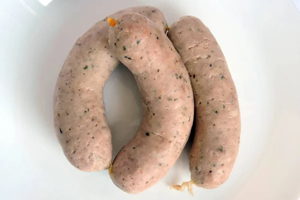 Saucisses Blanches Boyau Porc Servies Sur Une Assiette Blanche — Photo