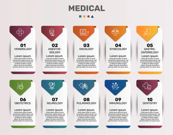 Vector Plantilla Infografía Médica Incluye Oncología Ginecología Gastroenterología Obstetricia Otros — Archivo Imágenes Vectoriales