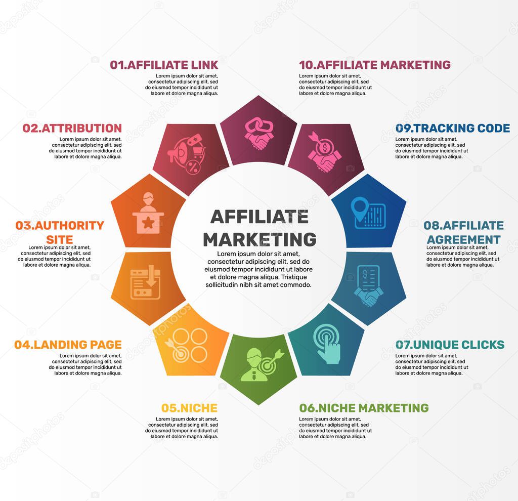 Vector Affiliate Marketing infographic template. Include Authority Site, Landing Page, Niche, Niche Marketing and others. Icons in different colors.