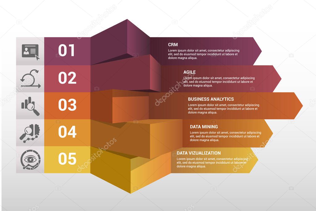Vector Business Intelligence infographic template. Include Business Analytics, Data Mining, Data Visualization, Hierarchy and others. Icons in different colors.