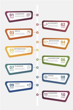 Vektör İş Yönetimi bilgi şablonu. Pozitif Psikoloji, Özerklik, Yardımseverlik, Meetup ve diğerlerini de içerir. Farklı renklerde simgeler.