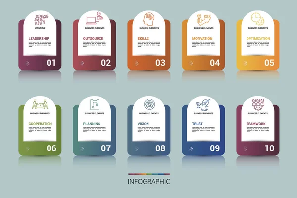 Infografika Szablon zarządzania biznesem. Ikony w różnych kolorach. Obejmują przywództwo, rozwój osobisty, psychologię pozytywną, autonomię i inne. — Wektor stockowy
