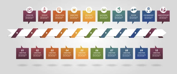 Szablon zarządzania infografiką. Ikony w różnych kolorach. Obejmują zarządzanie wiodące, Krytyka, Specjalista, Interakcja i inne. — Wektor stockowy