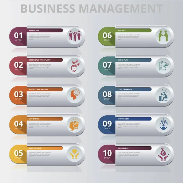 Modello di gestione aziendale infografica. Icone in diversi colori. Includere Leadership, Sviluppo Personale, Psicologia Positiva, Autonomia e altri. — Vettoriale Stock