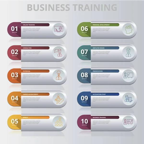 Infografika szablon szkolenia biznesowego. Ikony w różnych kolorach. Obejmują szkolenia online, doradztwo, potencjał, rozwój kariery i inne. — Wektor stockowy