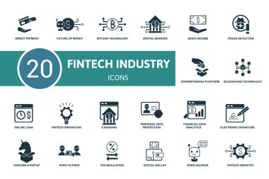 Fintech Endüstri ikonu seti. Koleksiyonda robot danışmanı, eş-eş, fintech yeniliği, dijital cüzdan ve ikonlar var. Fintech Endüstri elemanları ayarlandı