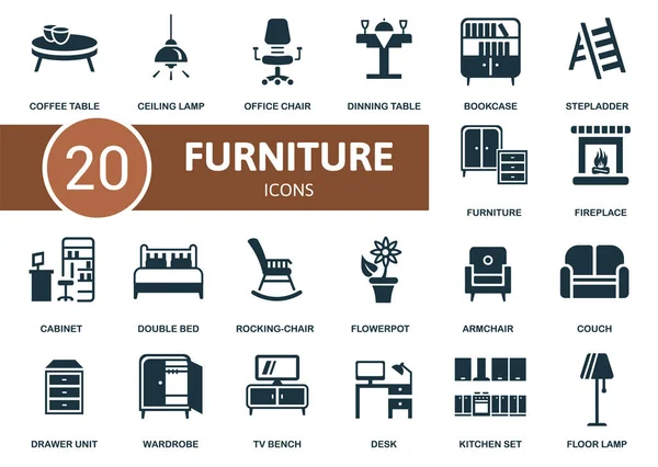 Möbel Icon Set Vorhanden Kollektion Enthält Bürostuhl Bücherregal Couch Doppelbett — Stockvektor