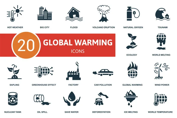 Conjunto Iconos Del Calentamiento Global Colección Contiene Ecología Inundaciones Energía — Vector de stock