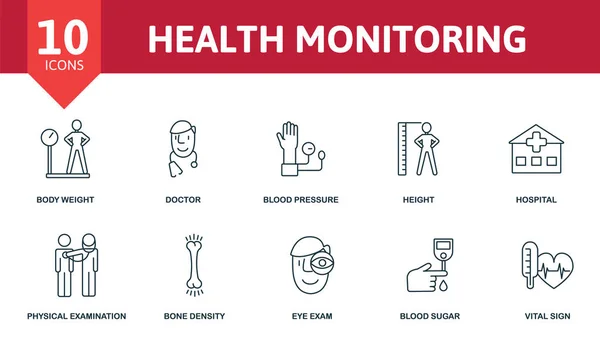 Conjunto Iconos Monitoreo Salud Colección Contiene Hospital Médico Presión Arterial — Archivo Imágenes Vectoriales