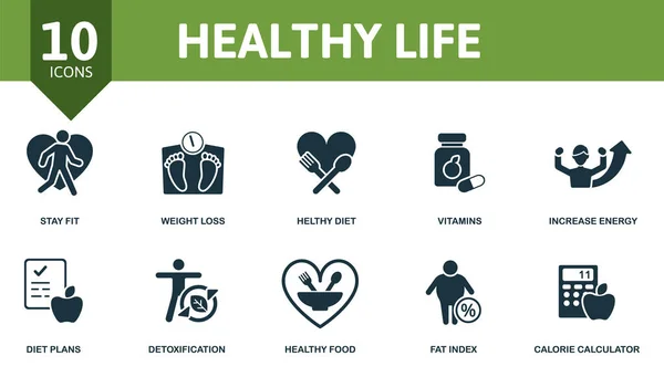 Sağlıklı Yaşam simgesi seti. Koleksiyonda vitaminler, kilo kaybı, enerji artışı, sağlıklı beslenme ve simgeler var. Sağlıklı Yaşam ögeleri ayarlandı.