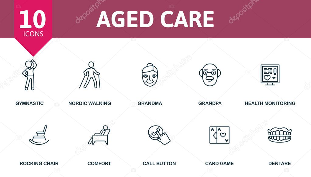 Schooling icon set. Collection contain grandpa, grandma, nordic walking, health monitoring and over icons. Schooling elements set