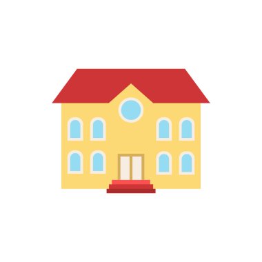 Okul ikonu. Bina koleksiyonundan basit bir çizim. Web tasarımı, şablonlar ve bilgi grafikleri için tek renkli okul simgesi.