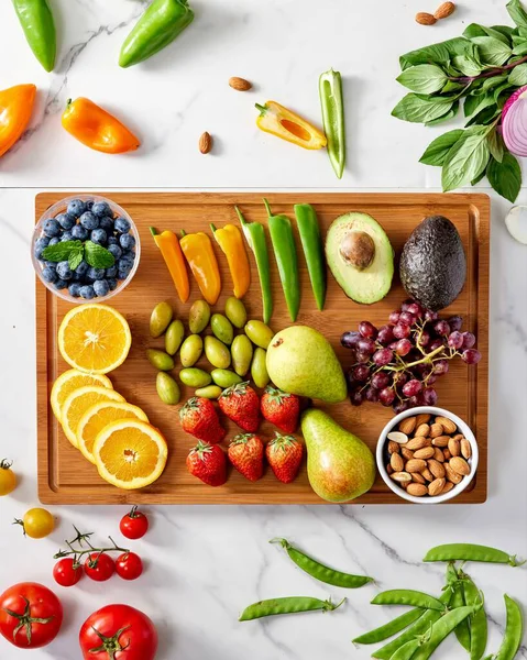 Çiğ sebzeler ve meyveler, Bambu kesim tahtasında renkli taze meyveler ve sebzeler.