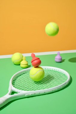 Yüksek kaliteli spor geçmişi, Neşeli Tenis natürmort Taşaklı Tenis Raketi ve Renkli Toplar