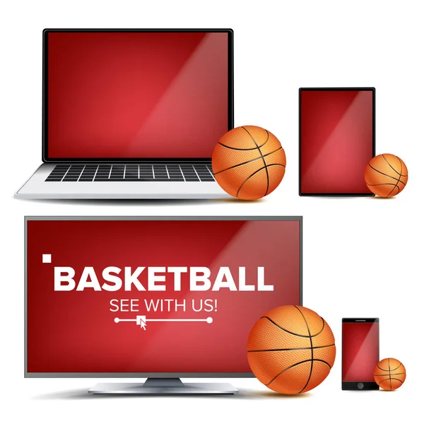 バスケット ボールのアプリケーションのベクトル。バスケット ボールのボールのフィールドします。オンライン流れ、ブック メーカー、スポーツ ゲームのアプリのバナー デザイン要素。マッチをライブします。モニター、ノート パソコン、タブレット、モバイルのスマート フォン。リアルなイラスト — ストックベクタ