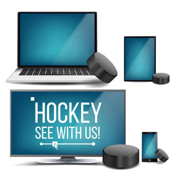 Vetor de aplicação de hóquei. Hockey Puck. Stream Online, Casa de apostas, Sport Game App. Elemento de design de banner. Jogo ao vivo. Monitor, Laptop, Touch Tablet, Telefone Inteligente Móvel. Ilustração realista — Vetor de Stock