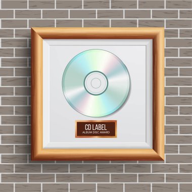CD disk Ödülü vektör. Müzikal kupa. Gerçekçi çerçeve, albüm disk, tuğla duvar. İllüstrasyon