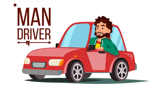 Hombre Conductor Vector. Sentado en un automóvil moderno. Compra un auto nuevo. Concepto de autoescuela. Happy Male Motorist. Ilustración plana aislada del carácter de la historieta — Archivo Imágenes Vectoriales