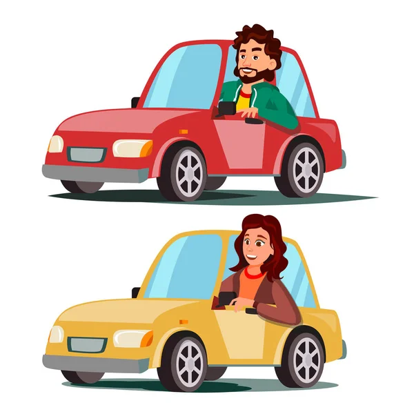 Driver People Vector. Hombre, mujer sentada en un automóvil moderno. Compra un auto nuevo. Concepto de autoescuela. Mujer feliz, motorista masculina. Ilustración plana aislada del carácter de la historieta — Archivo Imágenes Vectoriales