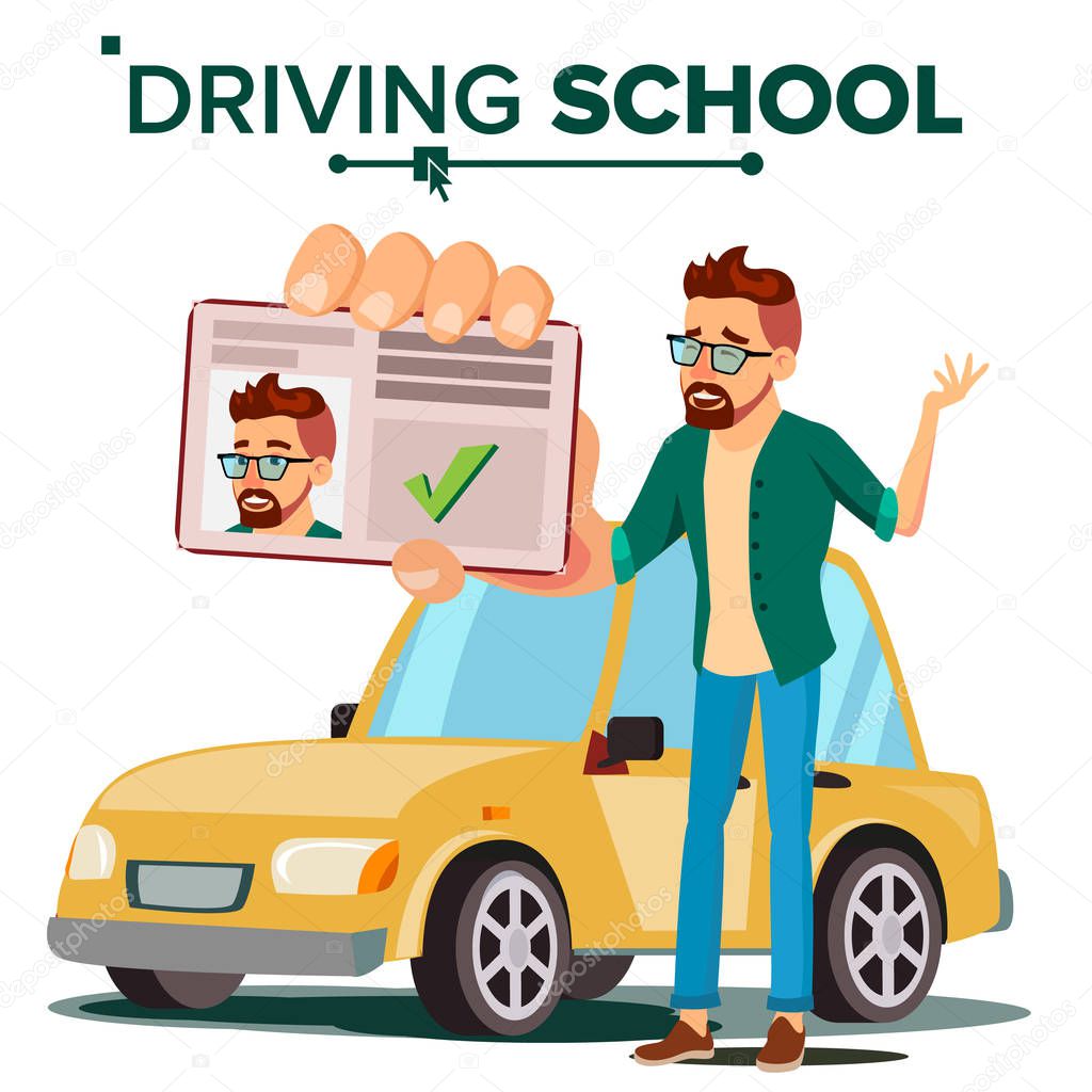 Man In Driving School Vector. Training Car. Successful Pass Exam. Learning To Drive. Driving License. Isolated Flat Illustration