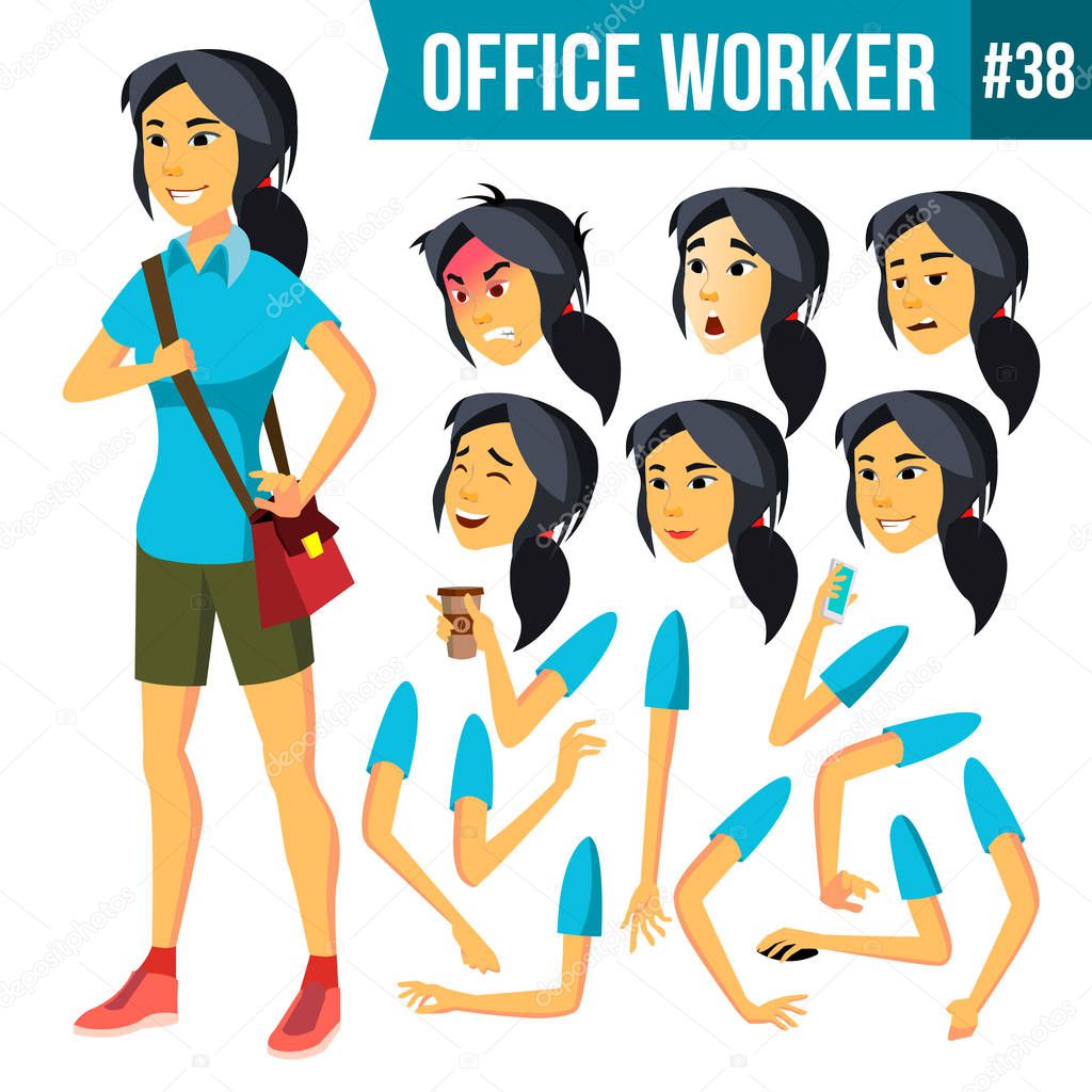 Office Worker Vector. Woman. Successful Officer, Clerk, Servant. Business Woman Worker. Face Emotions, Gestures. Animation Creation Set. Isolated Flat Illustration