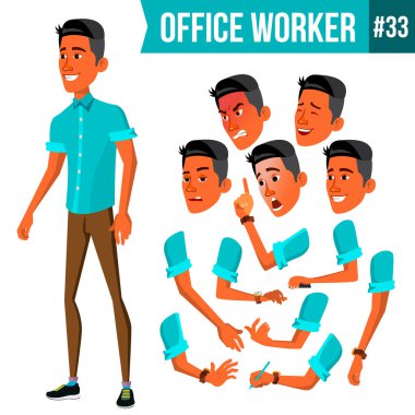 Office alt vektör. Duygular, çeşitli hareketler karşısında. Animasyon. İşadamı insan. Modern dolap çalışan, işçi, işçi. Düz çizgi film karakteri illüstrasyon izole