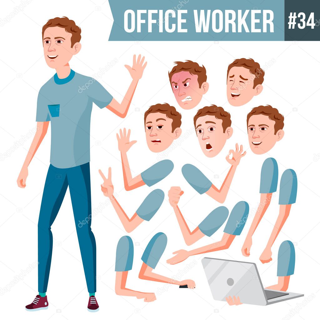 Office Worker Vector. Face Emotions, Various Gestures. Animation. Business Worker. Career. Professional Workman, Officer, Clerk. Flat Cartoon Illustration