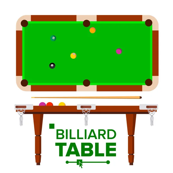 Tableau vecteur billard. En haut, vue latérale. Green Classic Pool, table de billard. Illustration plate isolée — Image vectorielle