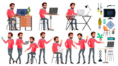 Office alt vektör. Duygular, çeşitli hareketler karşısında. Kurumsal iş adamı erkek. Başarılı memur bey, memur, hizmetçi. İllüstrasyon izole karikatür