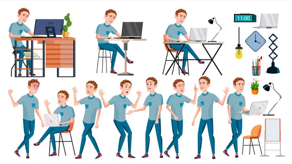 Office alt vektör. Duygular, çeşitli hareketler karşısında. İşadamı işçisi. Mutlu iş. Ortak, memur, hizmetli, çalışan. Düz çizgi film illüstrasyon izole