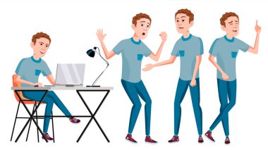 Office alt vektör. Duygular, çeşitli hareketler karşısında. İşadamı kişi. Gülümseyen Executive, hizmetçi, işçi, memur bey. İzole karakter çizimi