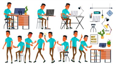 Office alt vektör. Duygular, çeşitli hareketler karşısında. Yetişkin bir erkek. Başarılı şirket yöneticisi, katip, hizmetçi. Düz karakter illüstrasyon izole