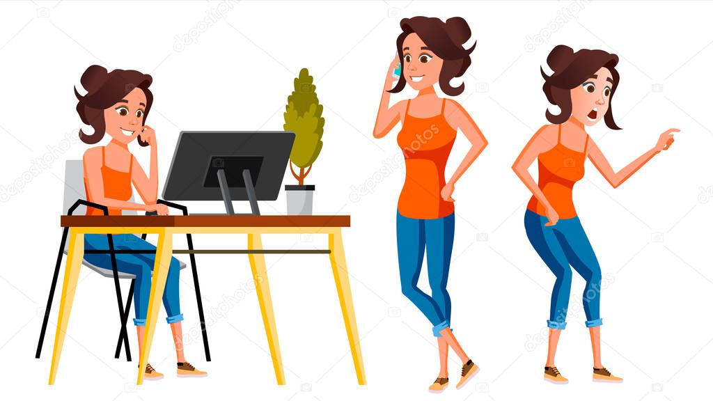 Office Worker Vector. Woman. Modern Employee, Laborer. Business Worker. Face Emotions, Various Gestures. Isolated Cartoon Character Illustration