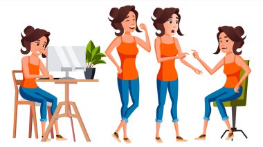 Office alt vektör. Kadın. Başarılı memur bey, memur, hizmetçi. Yetişkin iş kadını. Duygular, çeşitli hareketler karşısında. Düz çizgi film illüstrasyon izole