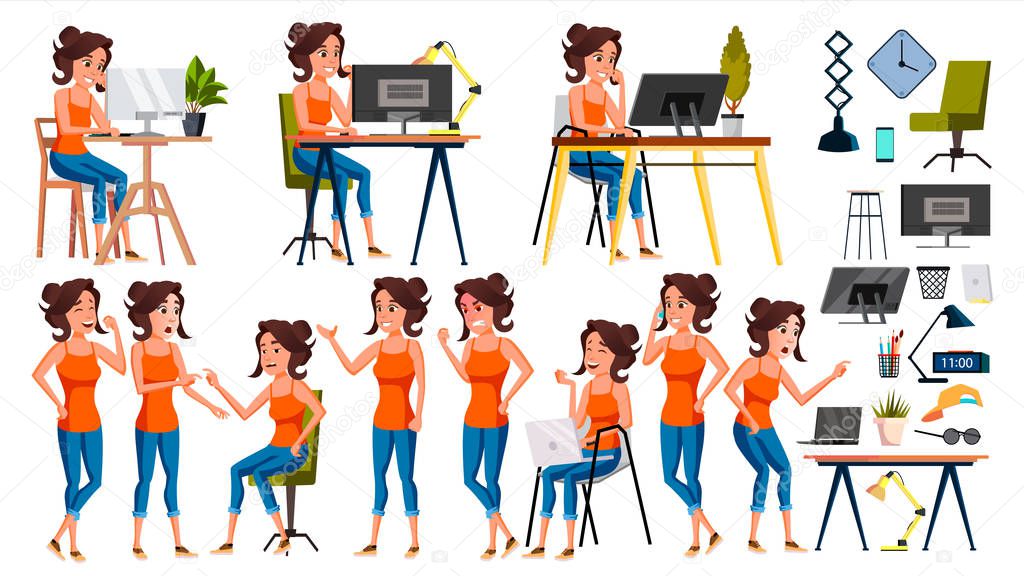 Office Worker Vector. Woman. Happy Clerk, Servant, Employee. Business Woman Person. Lady Face Emotions, Various Gestures. Flat Character Illustration