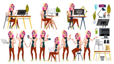 Office alt vektör. Kadın. Gülümseyen hizmetli, memur bey. İş kişi. Duygular, çeşitli hareketler karşısında. Düz çizgi film illüstrasyon