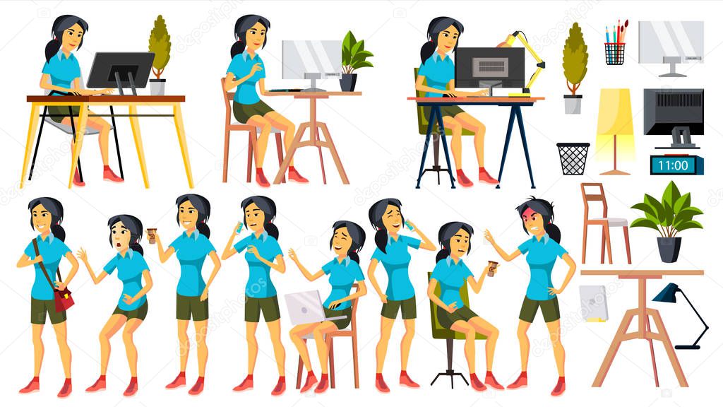 Office Worker Vector. Woman. Happy Clerk, Servant, Employee. Korean, Vietnamese. Japanese Business Human. Face Emotions, Various Gestures. Isolated Character Illustration